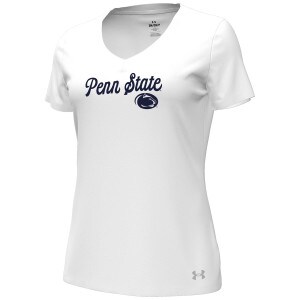 women's white Under Armour short sleeve v-neck shirt, script Penn State, Athletic Logo